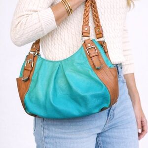 Apt 9 Turquoise/Teal Hobo Bag NWOT Braided Leather Handles Brown Trim Lg Purse